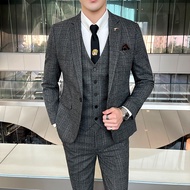 3PCS Plaid Blazer For Men 2024 Blazer Korean Slim Fit Formal Dinner Dance Wedding Men's Suit Set