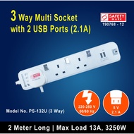 3 Way Extension Socket with 2 USB Ports & 2 Meter (2. 1A)