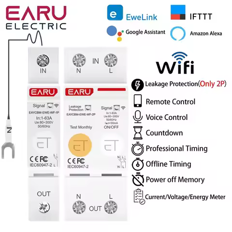 eWeLink WiFi Smart Circuit Breaker 1P+N 2P Energy Meter Power Consumption kWh Leakage Protection Tim