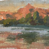 Oil painting of the sunset on the lake, oil on canvas on the cardboard, 6x4in