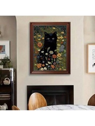 黑貓與花卉的復古帆布畫 - 有趣的貓與花藝術海報 - 理想的臥室,客廳,走廊,農舍,畫廊美學房間裝飾禮物 - 無框