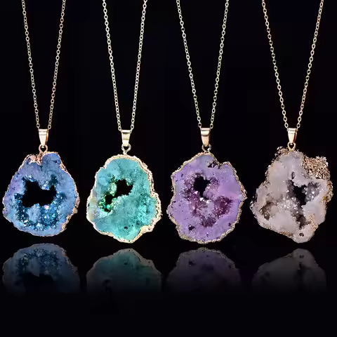 Natural Irregular Agate Charms Geode Quartz Slice Crystal Druzy Pendant Necklace DIY Jewelry Making 
