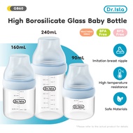 Dr.Isla NEW Glass Baby Bottle Wide Neck 60mm Heat Resistant 90/160/240ml Convertible to Sippy Cup wi