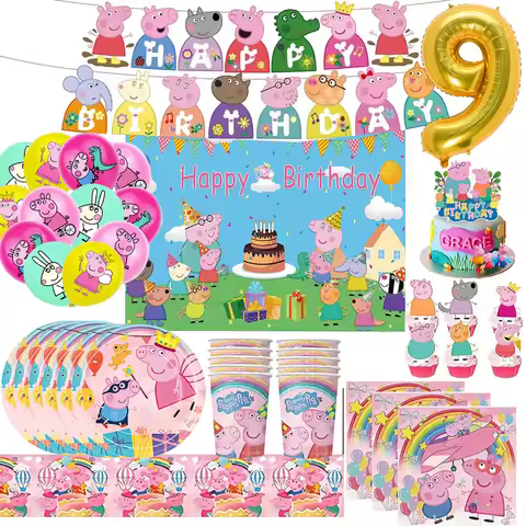 Peppa Pig Number Balloons Backdrop Set Happy Birthday Banner Party Supplies Pig George Page Plates P