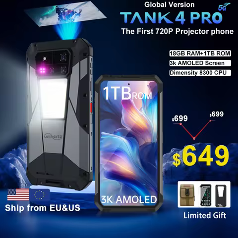 【World premiere】Unihertz by 8849 Tank 4 pro Smartphone 5G with 720P Projector Dimensity 8300 36GB+1T