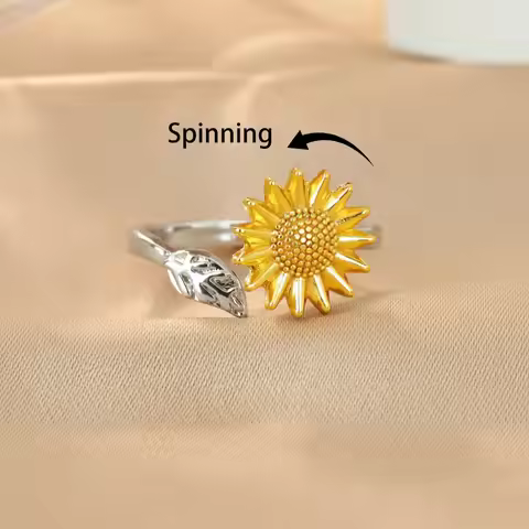 Fidget Anti Stress Anxiety Rings for Women Stainless Steel Gold Color Rotatable Sunflower Spinner Ri