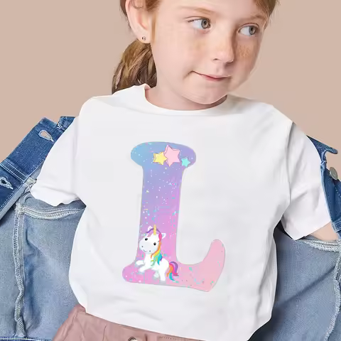 Unicorn Glitter Letter L Kids T-Shirt Rainbow 26 Initials Monogram Casual Tee Birthday Gift Girls Sh