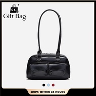 Giftbag| PU Leather Women's Shoulder Bag Autumn Korean Retro Bowling Boston Handbag with Two Pocket 