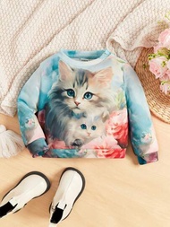 SHEIN 寶寶女孩可愛貓咪油畫圖案長袖圓領運動衫