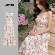 (trendy3)Lovito Boho Ditsy Floral Lace Up Zipper Dress for Women L123ED635