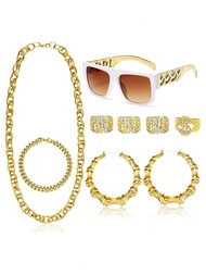 8pcs 80s 90s Accessories Outfit For Women Hip Hop Costume Kit Old School Rapper Sunglasses Faux Gold