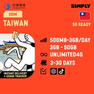 SIMPLY [eSIM]- Taiwan | Up to 30 Days | Daily:500MB-3GB |  Total:3GB-50GB | Unlimited4G Data | Regis