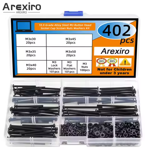 402Pcs Black M3 x 30/35/40/45/50mm Button Head Socket Screw Nut Washer Combo Kit, Grade 10.9 Alloy S