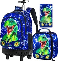 3PCS Rolling Backpack for Kids,Cute Kids School Bag with Wheels,Water Resistant Roller Bookbag Set for Elementary, Lightning Dinosaur Rolling Set, One Size, 3pc Boys Rolling Backpack Set