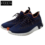 二手愛馬仕 Voluduc Tresse Flex 針織運動鞋，男款，海軍藍和橙色，約 26.5 公分。