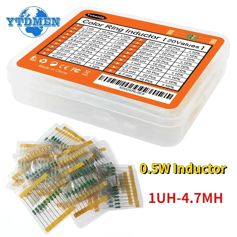 200pcs 1/2W Color Ring Inductor Assortment Set 0.5W 1UH-4.7MH 20values*10pcs Inductors Assorted Kit 