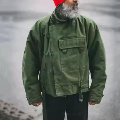Maden Retro 16oz Canvas Swedish Motorcycle Green Jacket Pocket Bomber Jacket Casual Hunting Work Out