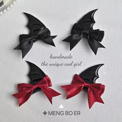 Japanese New Trend Alloy PU Leather Devil Bat Wings Bow Hair Clip 2PCS Women's Cool Duckbill Clip St