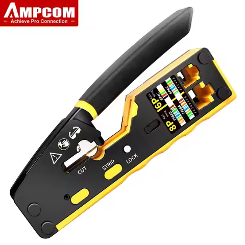 AMPCOM EZ-Type RJ45 Network Crimper - 3-in-1 Crimp/Cut/Strip Lan CAT8/7/6A/6/5E (STP/UTP) & RJ11/12 
