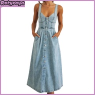 Denim Dress for Women Summer Casual Sleeveless Midi Dress with Pockets Button Down A-Line Swing Jean