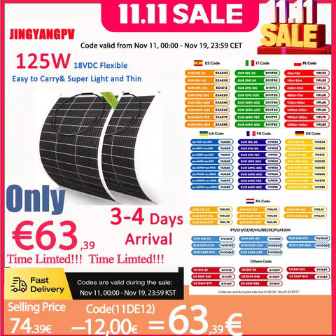 Jingyang 18V Solar Panel 500w 375w 250w 125w Flexible Solar Panel Monocrystalline Cell 18BB For 12V 