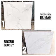 keramik lantai putih motif carara 50x50 (glossy)/ keramik lantai putih