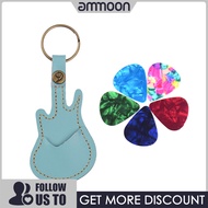 [ammoon]Leather Guitar Picks Holder Case Bag Guitar Shape with Key Ring 5PCS Celluloid Guitar Picks String Instrument Accessories