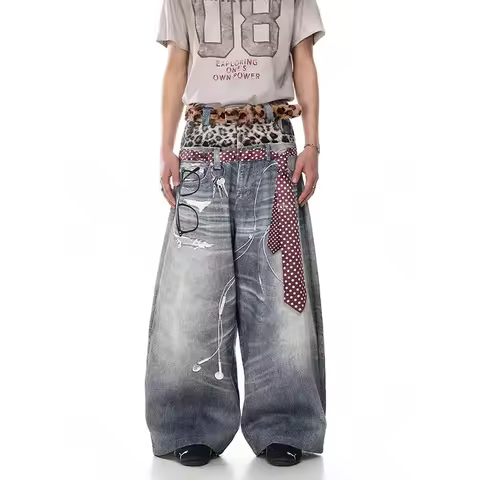 KEQI Men Blue Jeans Y2k Gyaru Punk Oversize 3D Print Denim Pants Vintage Hiphop Grunge Baggy Denim T