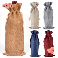 BEAUTY 3Pcs Drawstring Linen Bag, Gift Pouch Wine Bottle Cover,  Champagne Packaging Washable Wine Bottle Bag Wedding Christmas Party