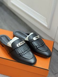 尖沙咀實體店 全新 Hermes 愛馬仕Kelly流蘇穆勒拖鞋 黑銀 35碼