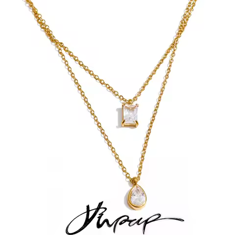 Yhpup Classic Stainless Steel Bling Cubic Zirconia Water Drop Double Layer Stacking Korean Necklace 