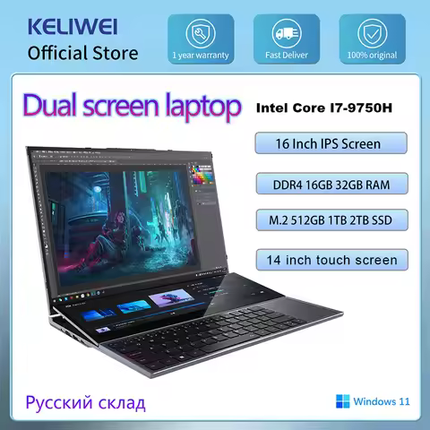 KELIWEI 16 Inch 14 Inch Dual Screen Laptop Core I7 Touch Screen Gaming Laptop DDR4 64GB RAM PC Porta