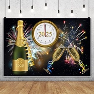 5x3ft Happy New Year Photography Backdrop 2025 Champagne Wine Glasses Clock Countdown Glitter Firewo