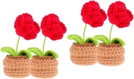 SEWACC 4 Pcs Woven Small Pot Plant Wool Crochet Rose Mini Crochet Rose Crocheted Spring Flowers Woven Knitting Decors Artificial Potted Flower Lifelike Potted Plant Set Polyester Office