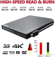 External 4K UHD HD 3D Blu-Ray Disc Player USB3.0 Type-C USB-C 2-In-1 6X BD-R BD-RE DL BDXL 100GB DVD-R M-Disc Burner Portable