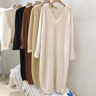 Large Size M-3XL 150kg Can Wear Plus Sweater Dress Over-The-Knee Women Autumn Winter Inner Lazy Style Loose V-Neck Bottoming Knitted