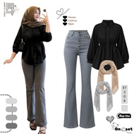 Modern Women's Oneset - Pleated Blouse + Grey Jeans Cutbray + Bella Square Hijab [ET308]