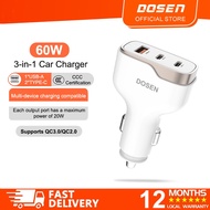 Dosen Car Charger 60W Fast Charging 3 Ports 1 USB 2 Type-C QC3.0 Compact Aluminum Shell 12-24V Safe 