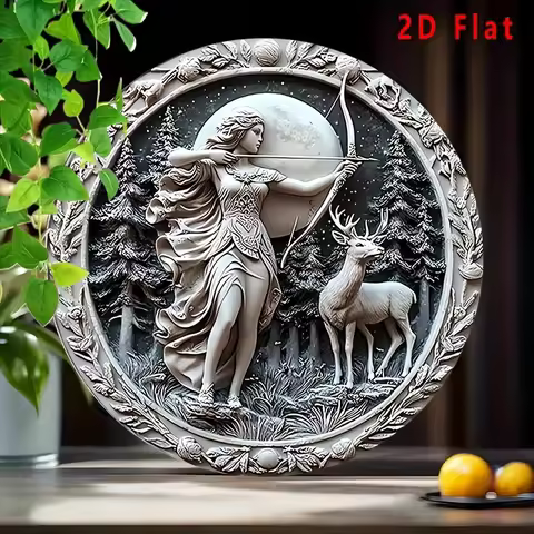 2D Flat, 2D Flat 1pc, Round 2D Artemis Goddess Moon and Deer 8" Iron Metal Sign - Vintage Wall Art -