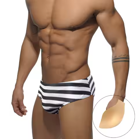Men's Striped Swimsuit with Cup Triangle Fashion Youth Beach Sports Professional Swimsuit 10032zb
