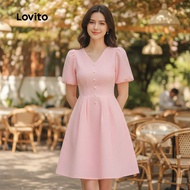 (trendy3)Lovito Elegant Dress Zipper Button Front Button Good Texture Spring/summer Pink Dress for W