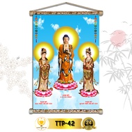 SA Western Buddha Wall Painting Three Saints TRUTH THIEN BEAUTY, Sequin Silk Fabric, Wooden Frame 40