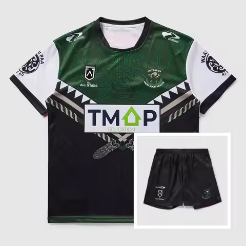 Classic Maori All Stars 2026 Replica Green Shirt and Black Gym Shorts Men's Rugby T-Shirt Set Summer