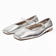 New Women's Shoes High Quality Original ZA/RA Square Toe Silver Bow Flat Ballet Slipper French Closed Toe Mary Jane Sandals for Women