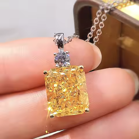925 Silver Yellow Necklace 925 Sterling Silver Yellow Square Cubic Zirconia Pendent Necklace Women D