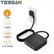 TESSAN (สีดำ) สายต่อขยาย 3 ทาง 1.5 เมตรปลั๊กรางปลั๊กไฟพร้อมพอร์ต USB 3 ช่องปลั๊กผนังบาง สายไฟต่อขยาย