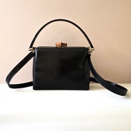 中古二手GUCCI黑色竹節皮革古董盒子單肩包 側背包 斜背包 復古包