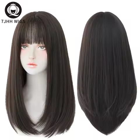7JHH WIGS Long Straight Hair With Bangs Synthetic Wigs For Girls Latest Fashion Hairstyles Black Cro