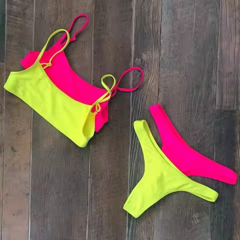 Neon Hot Pink Micro Bikini Push Up Swimsuit Women Padded Summer Beach Wear Bathing Suit Mujer Thong 