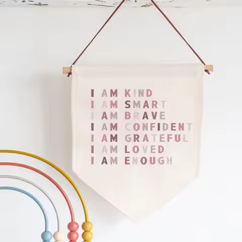 I Am Kind I Am Smart Print Hanging Wall Canvas Banner for Baby Girl Boy Newborn Birth Commemorative 